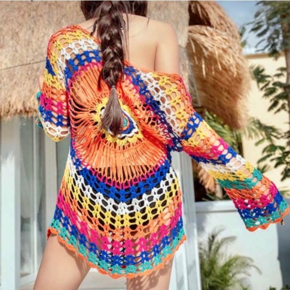 Bohemian Gypsy color block crochet cover up - Picture 4 of 4